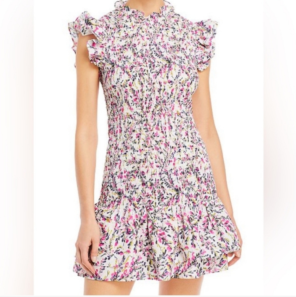 French Connection Pink and White Smocked Bubble Midi Skirt